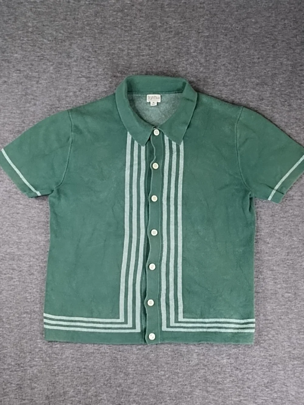 J. Crew Green Short-Sleeve Button Down Shirt with Lighter Stripe Trim